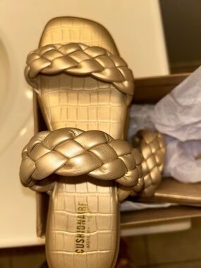 Braided Metallic Slide Sandals - Gold